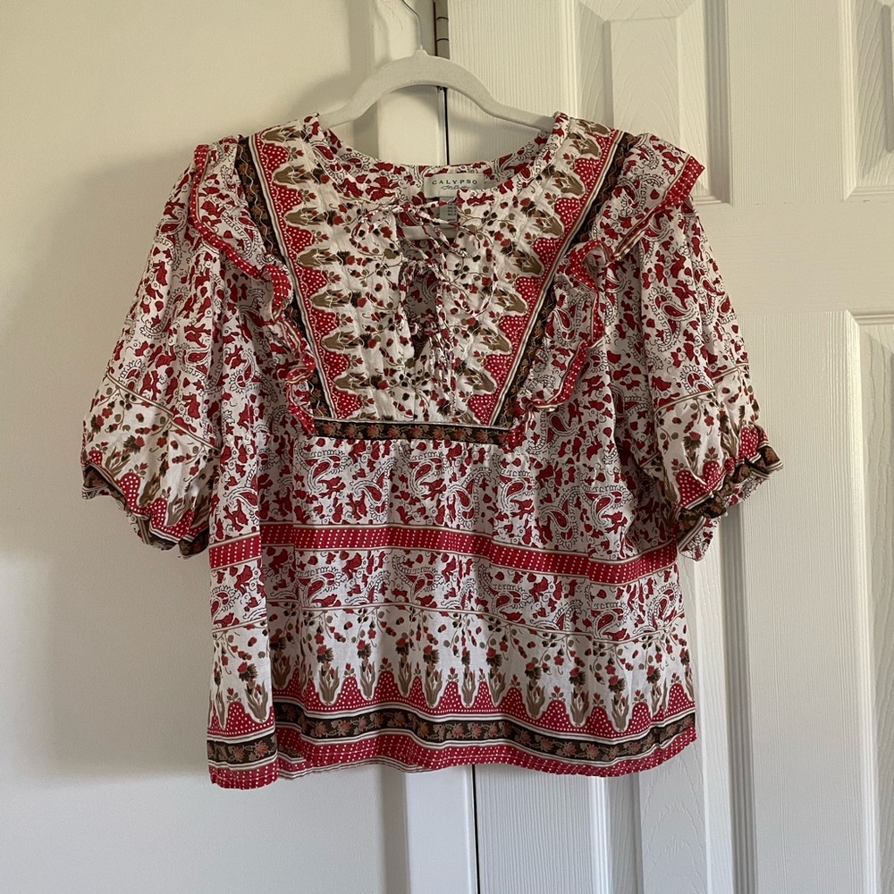 Calypso St Barth Puff Sleeve Peasant Top Small Floral Boho Prairie Cotton - Picture 2 of 6